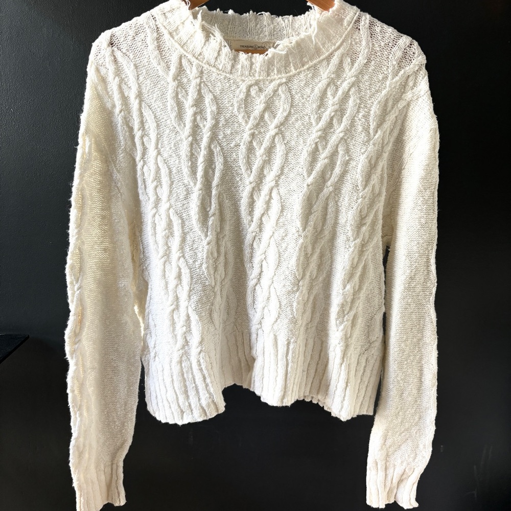 White Distressed Long-sleeve Cable Knit Sweater